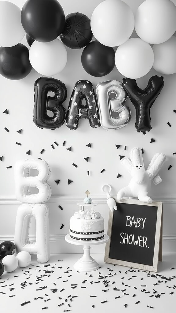 Monochrome balloon decorations for a baby shower with a cake and signage.