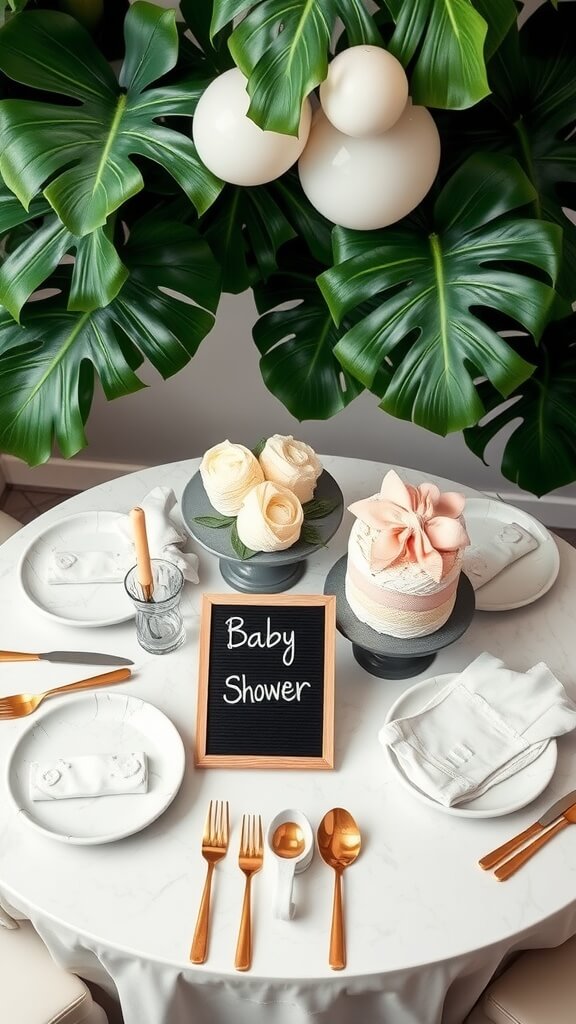 A beautifully set table for a baby shower featuring monstera leaves, a cake, and decorative elements.