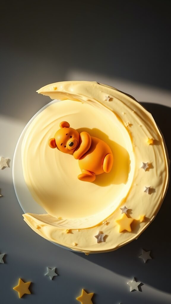 A Moon Baby Shower Cake with a sleeping Pooh Bear figurine on a crescent moon.