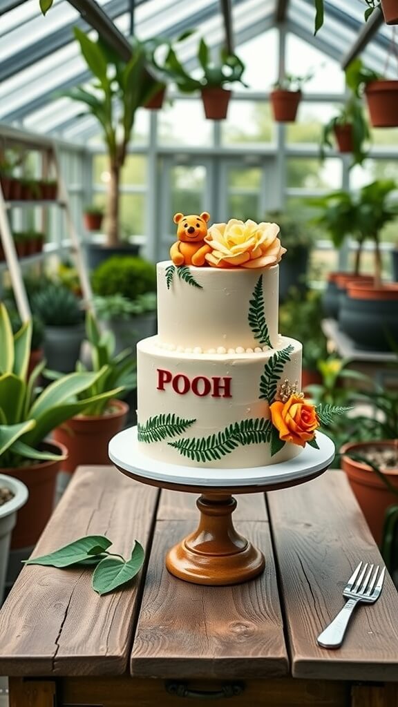 A yellow Winnie the Pooh cake on a Moroccan tile table, surrounded by a cozy outdoor setting.