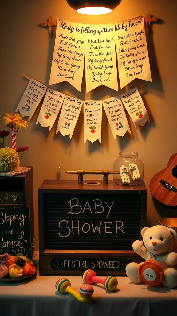 A cozy setup for a baby shower featuring a record player, name banners, and colorful decorations.
