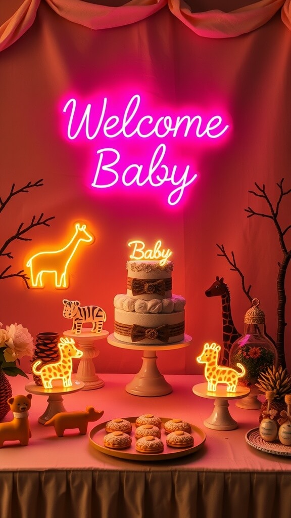 A vibrant baby shower setup featuring neon signs, animal decorations, and a cake.