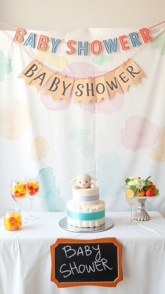 A beautifully decorated baby shower table with a watercolor backdrop, cake, and drinks.