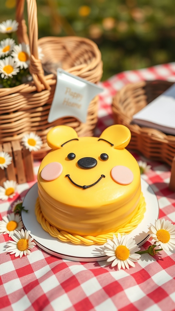 A cheerful Winnie the Pooh themed smash cake on a picnic blanket, surrounded by daisies and a basket.