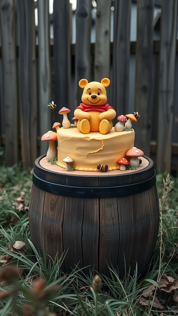 A Winnie the Pooh cake displayed on a rustic barrel surrounded by grass and mushrooms.