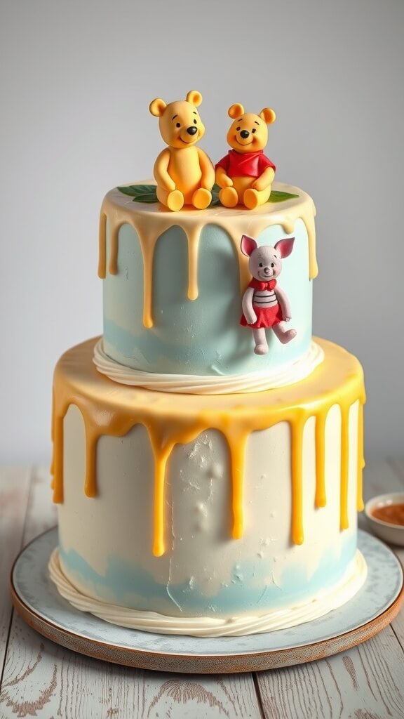 Pastel two-tier Winnie The Pooh cake with Pooh and Piglet figurines on top
