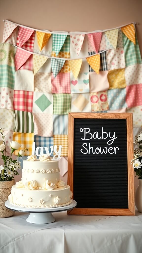 A beautifully decorated baby shower table featuring a patchwork quilt backdrop, a cake, and a sign.