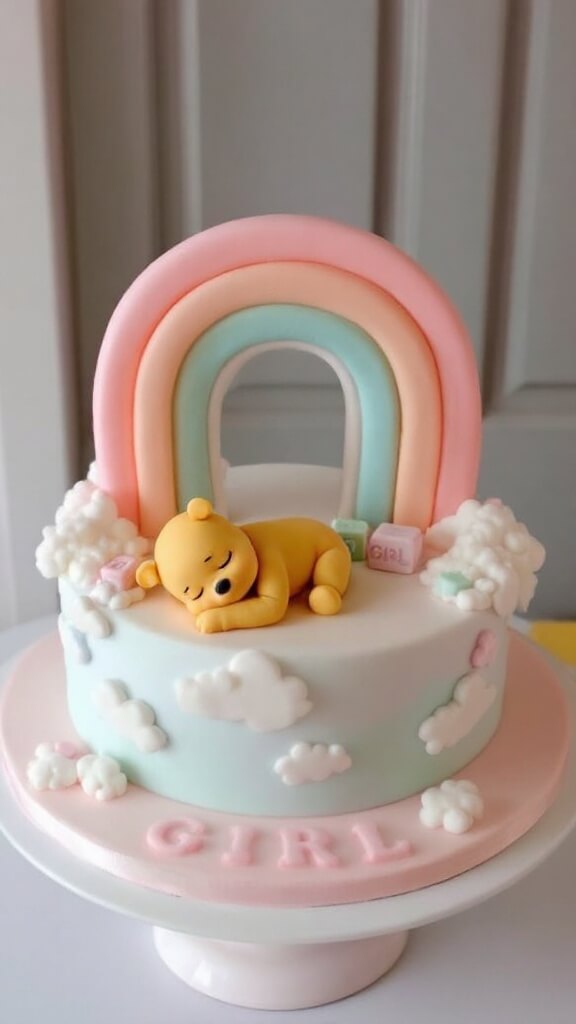 A colorful cake with a pink rainbow and Pooh Bear figure on top, surrounded by clouds and baby blocks.
