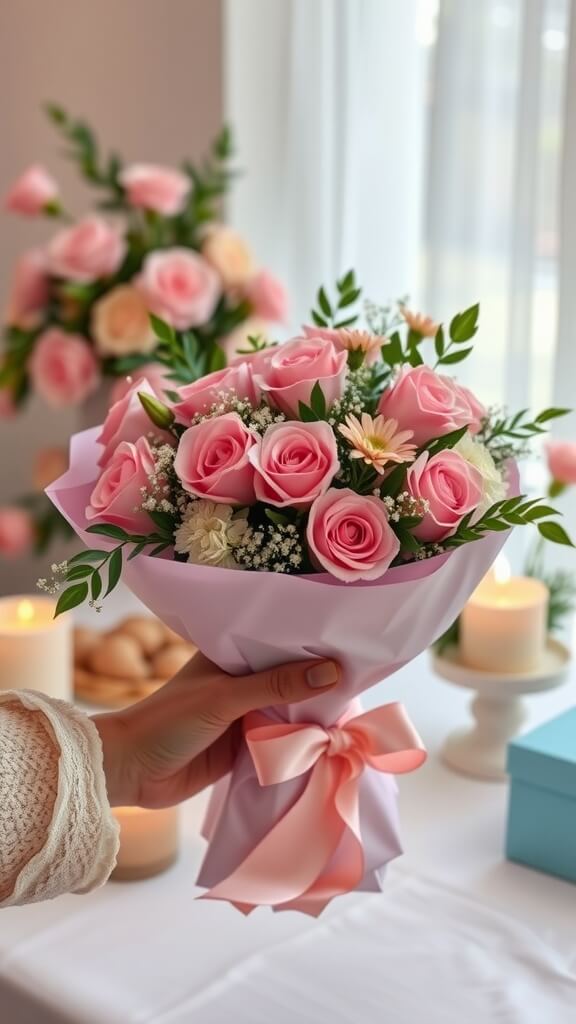 A beautifully arranged pink flower bouquet held in a hand, with soft candles and a light background, creating a cozy atmosphere.
