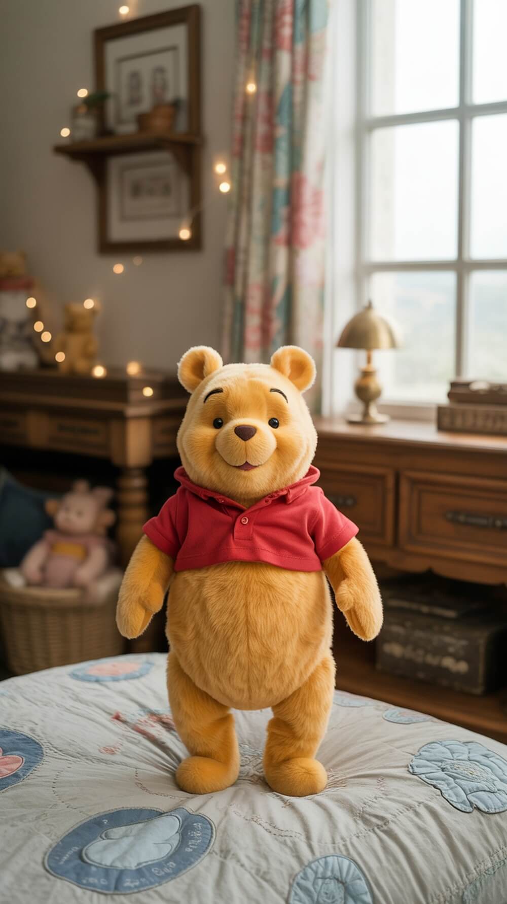 A cute stuffed Winnie the Pooh bear in a cozy room setting.