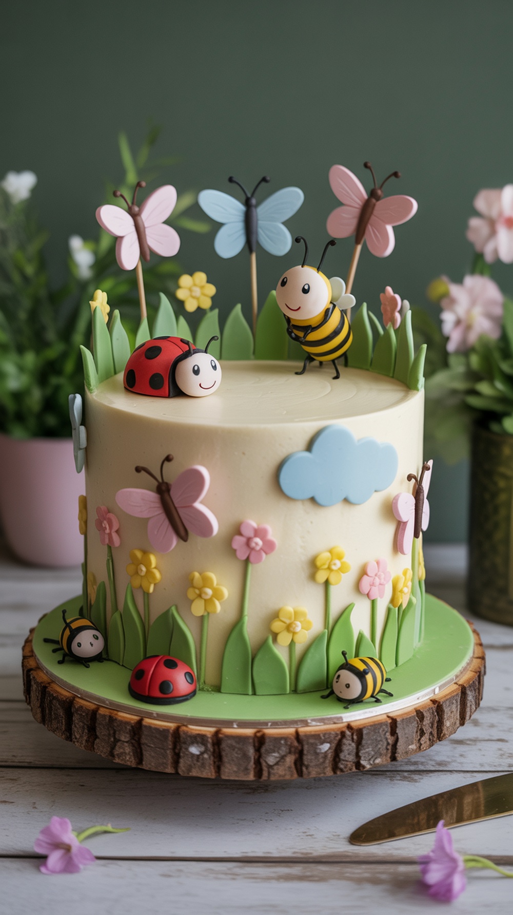A whimsical insect-themed cake with fondant decorations including bees, ladybugs, and butterflies, set on a wooden cake stand.