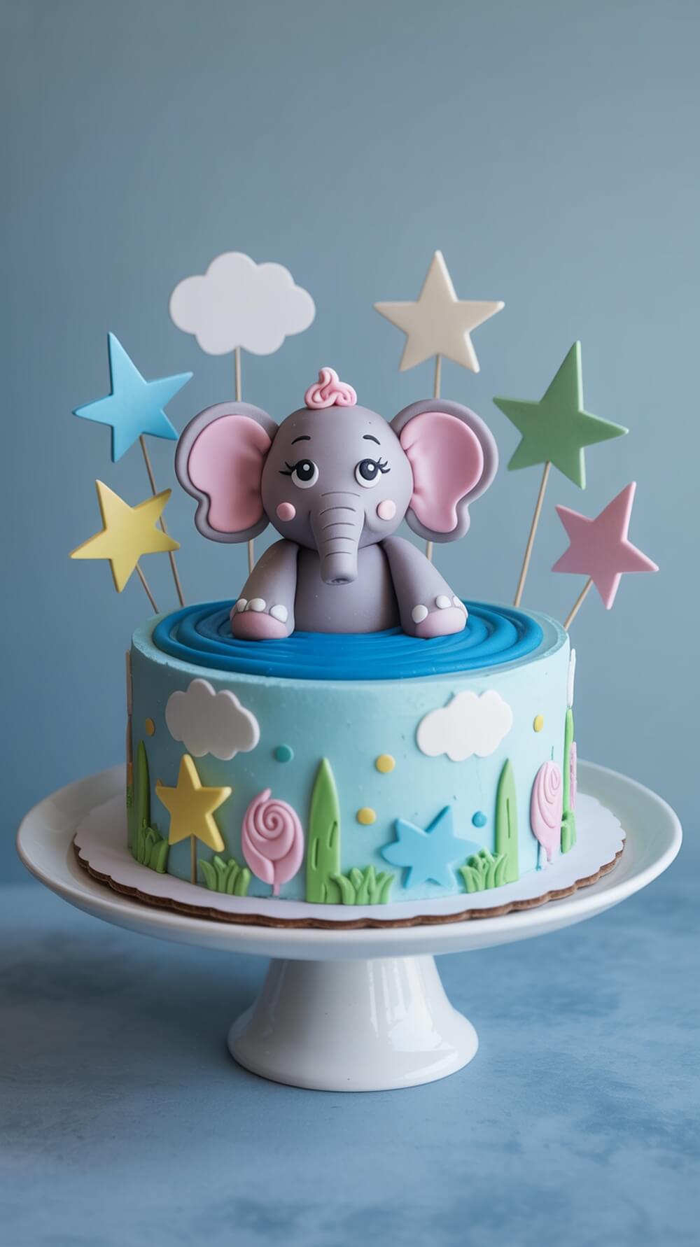 A colorful baby elephant cake with a cute elephant figure, blue pond, stars, and candy decorations.