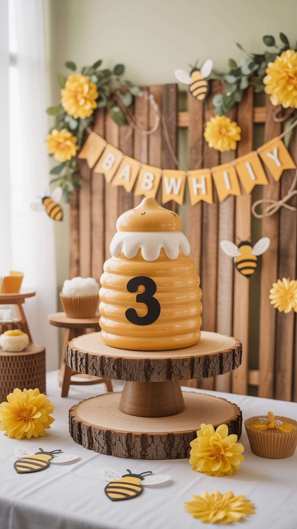 A honey bee themed baby shower decoration featuring a honey pot cake, yellow flowers, and bee cutouts.