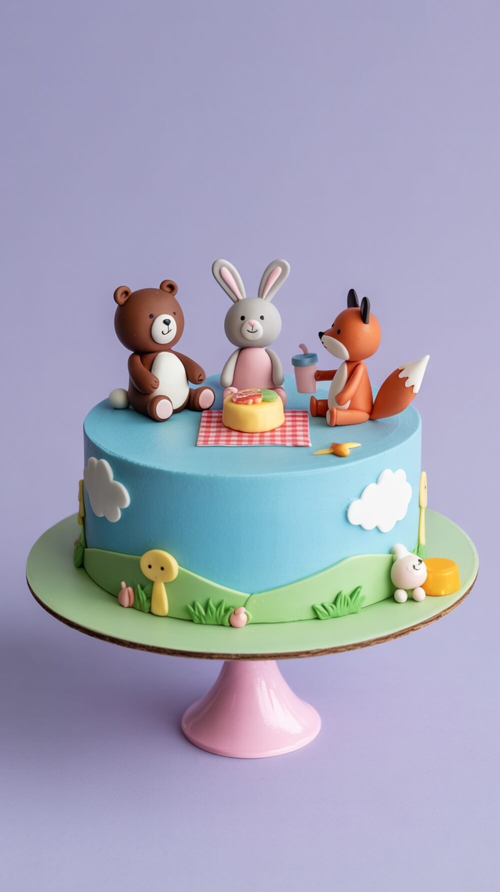 A colorful baby shower cake featuring a bear, bunny, and fox around a picnic scene.