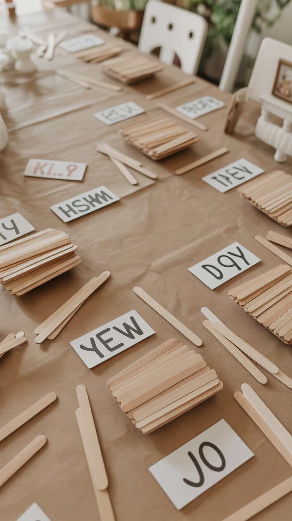 Table setup for Eeyore House Building Game with popsicle sticks and labeled cards.