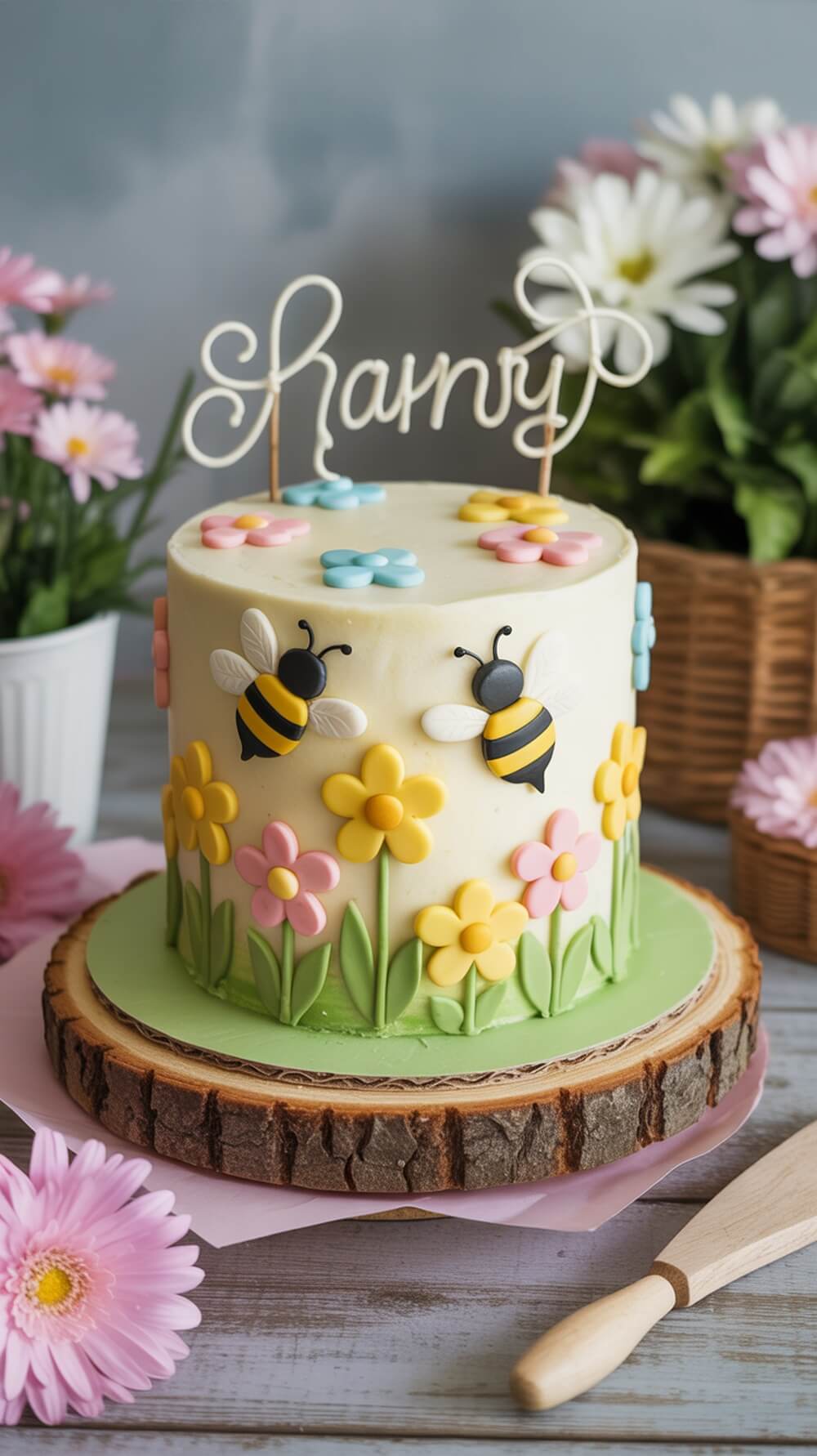 A colorful bumblebee themed cake decorated with flowers and a name topper, set on a wooden base.