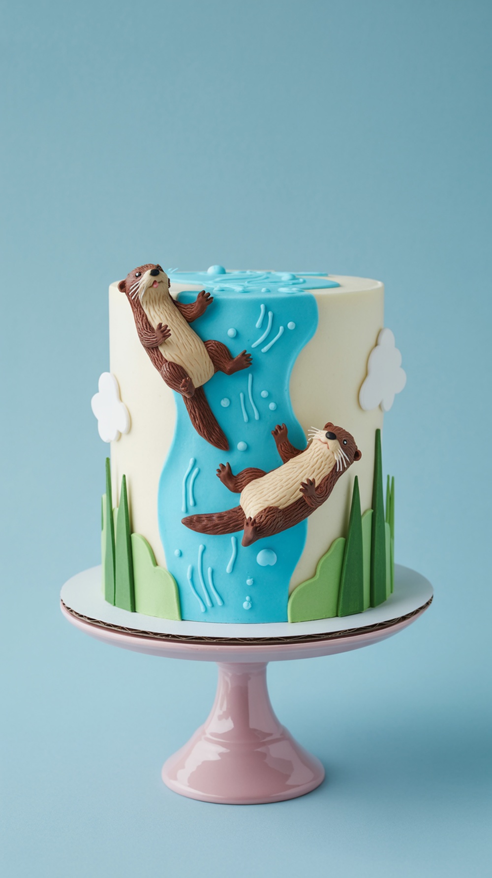 A playful otter cake with two otters on a blue icing river, surrounded by green grass and white clouds.