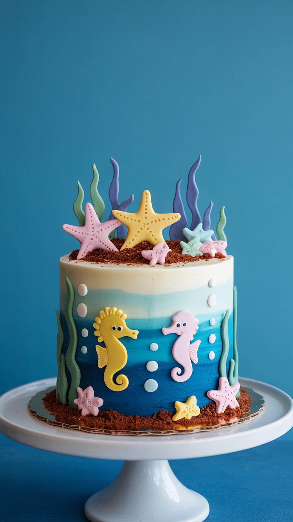 A colorful ocean-themed baby shower cake decorated with seahorses, starfish, and seaweed.