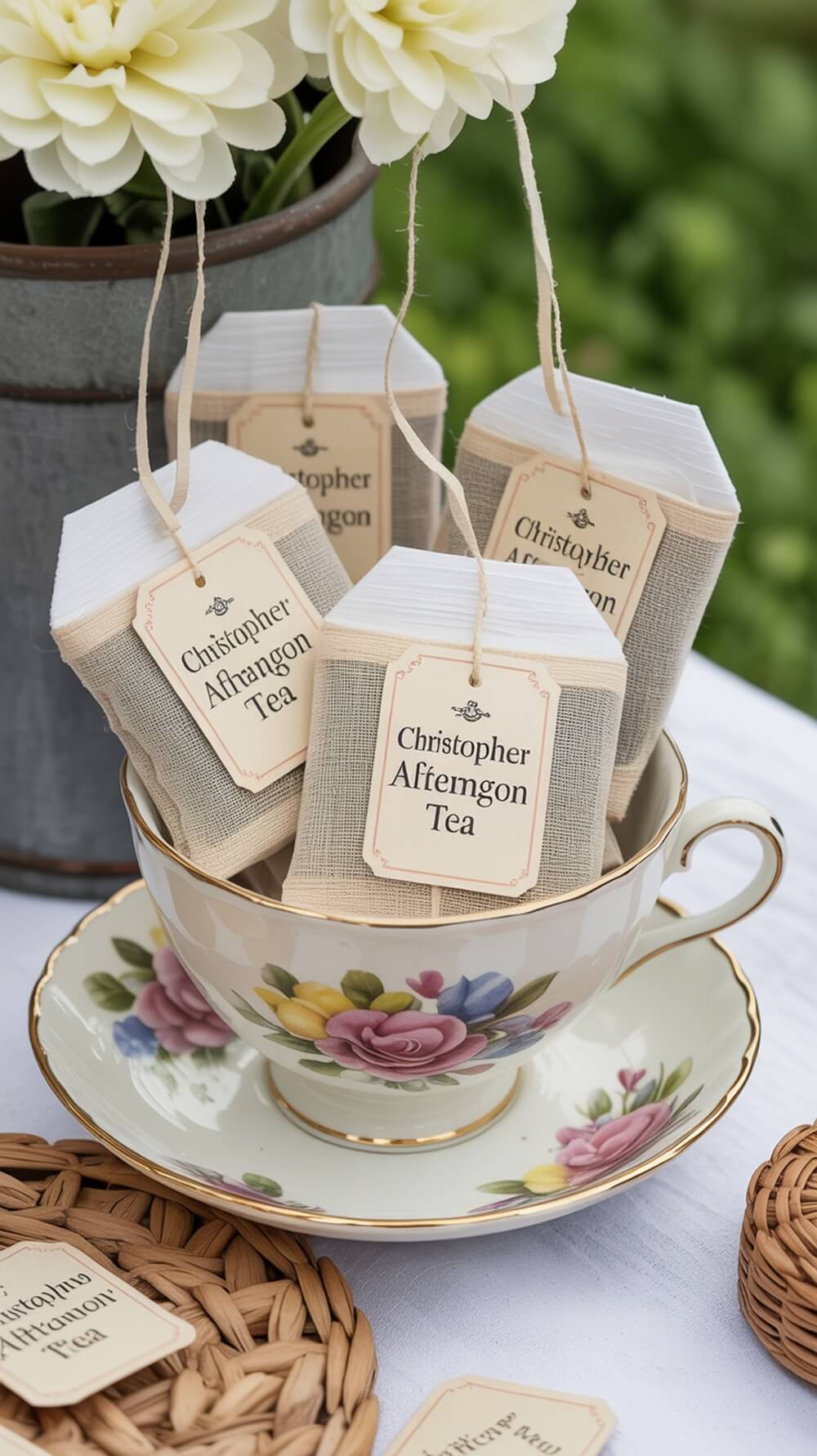 Tea bags labeled with 'Christopher Affragon Tea' placed in a floral cup and saucer, with decorative elements in the background.