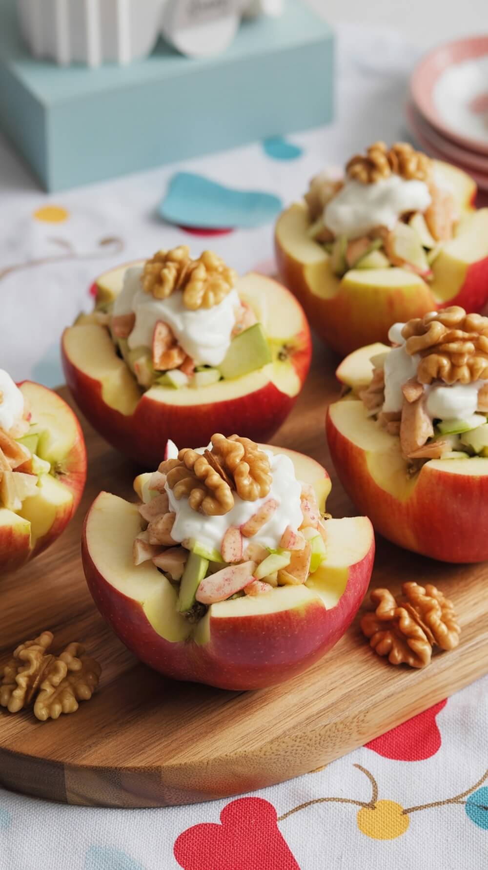 Owl's Waldorf Salad Bowls made from apple halves filled with a salad mix