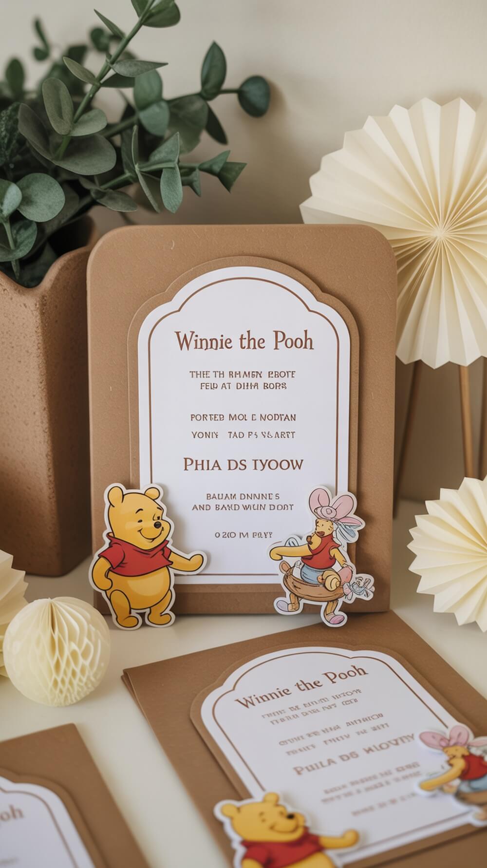 Winnie the Pooh themed baby shower invitations with Pooh Bear and friends.