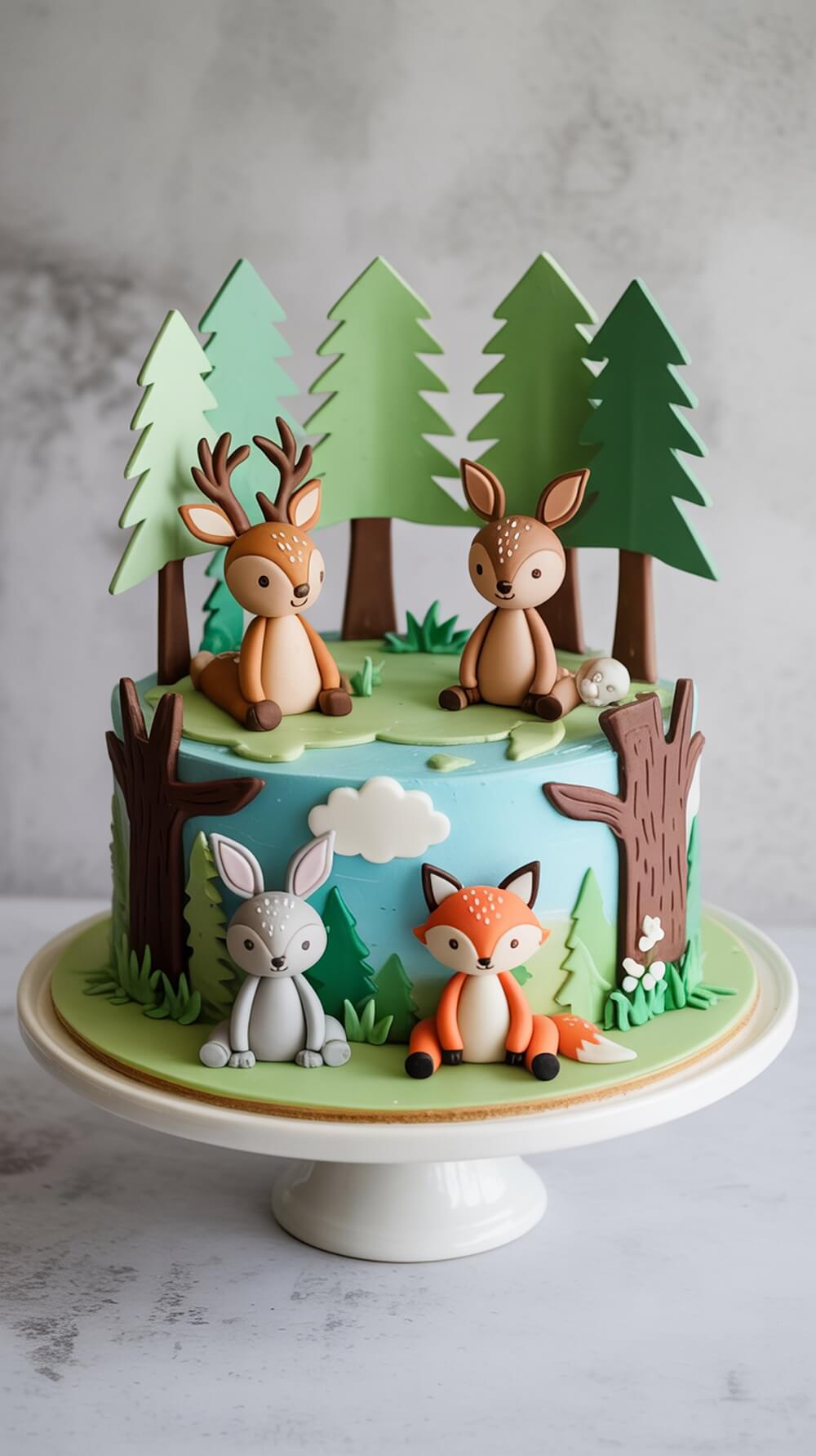A beautifully decorated baby shower cake featuring woodland animals like a deer, fawn, fox, and bunny, surrounded by trees.