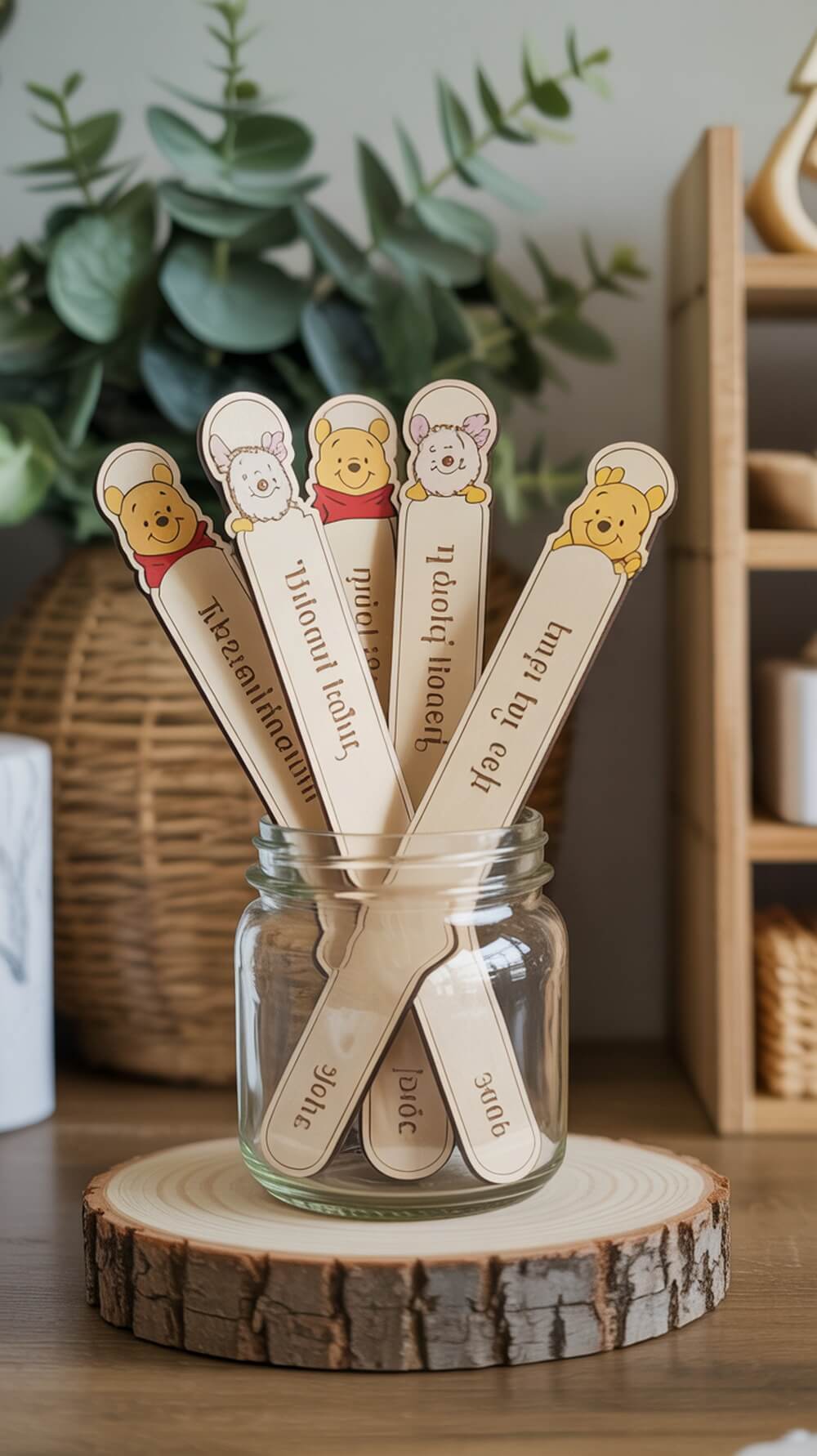 Wooden bookmarks featuring Winnie the Pooh characters in a jar