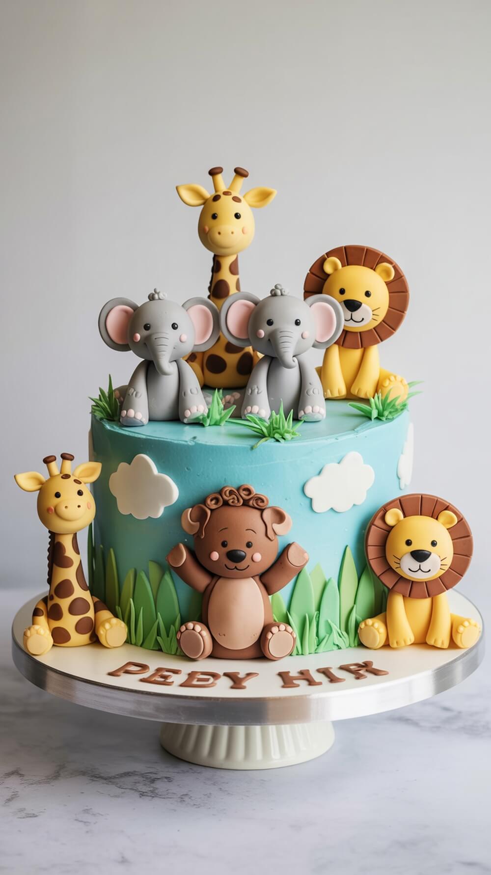 A colorful baby shower cake featuring safari animals like a giraffe, elephants, a lion, and a bear, decorated with blue frosting and green grass.
