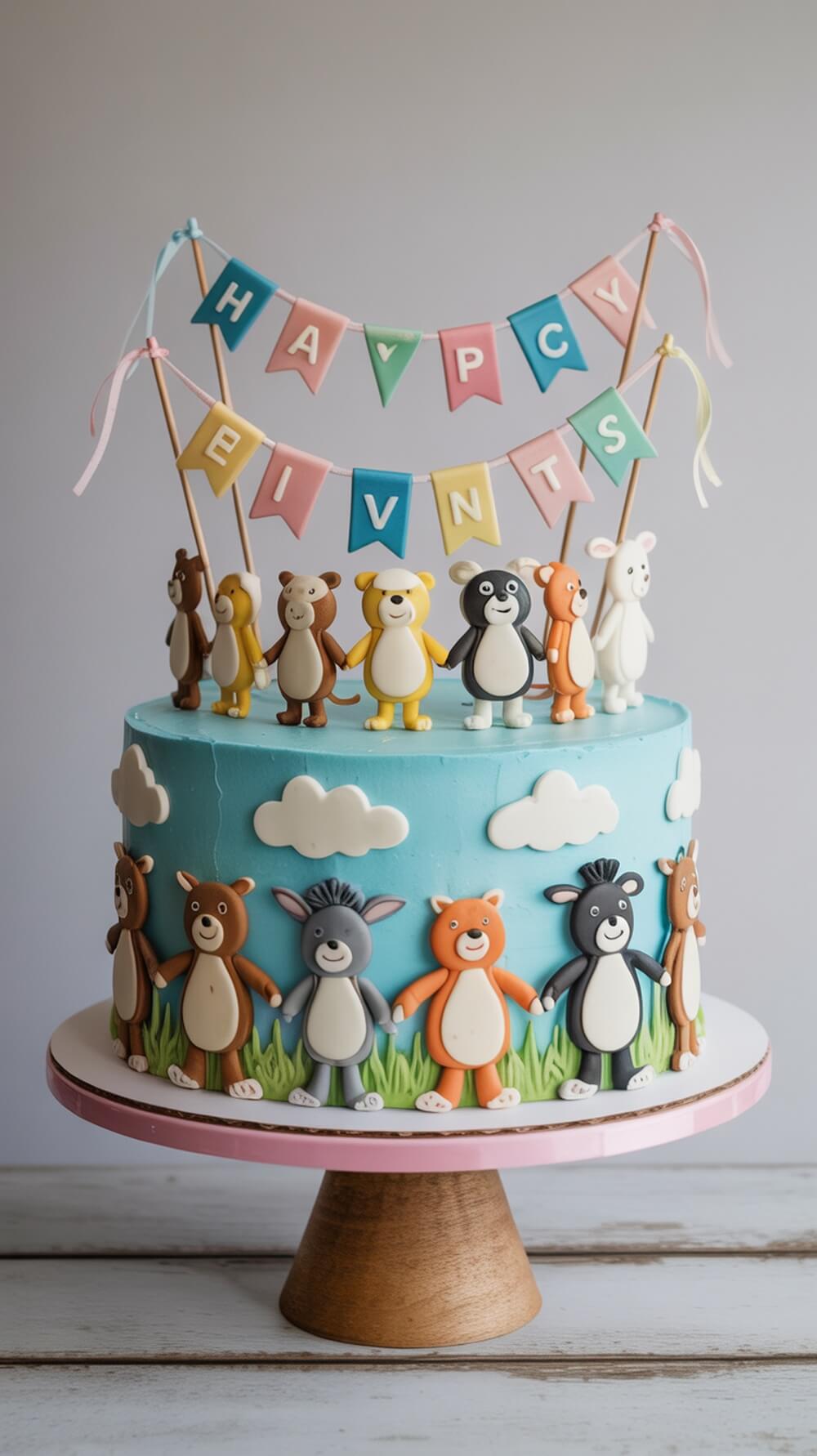 A colorful baby shower cake featuring animal figures and a festive banner.