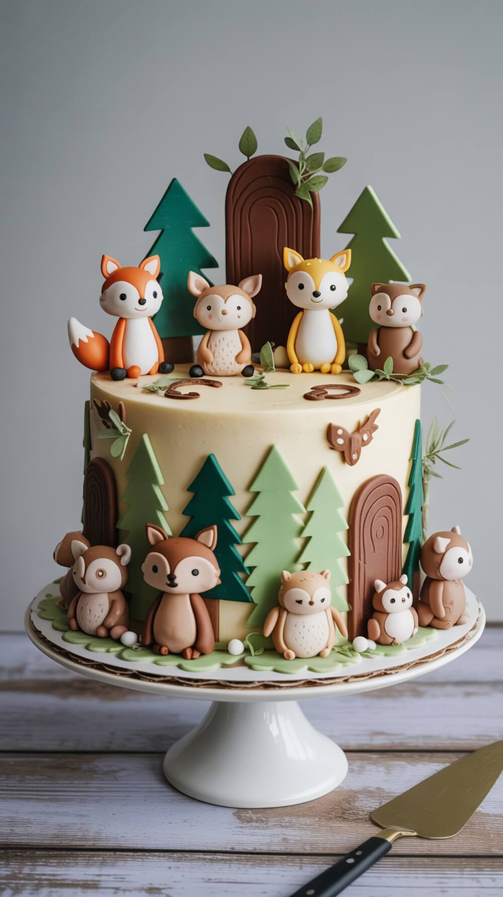 A woodland themed baby shower cake topped with cute forest animal figures and green trees.