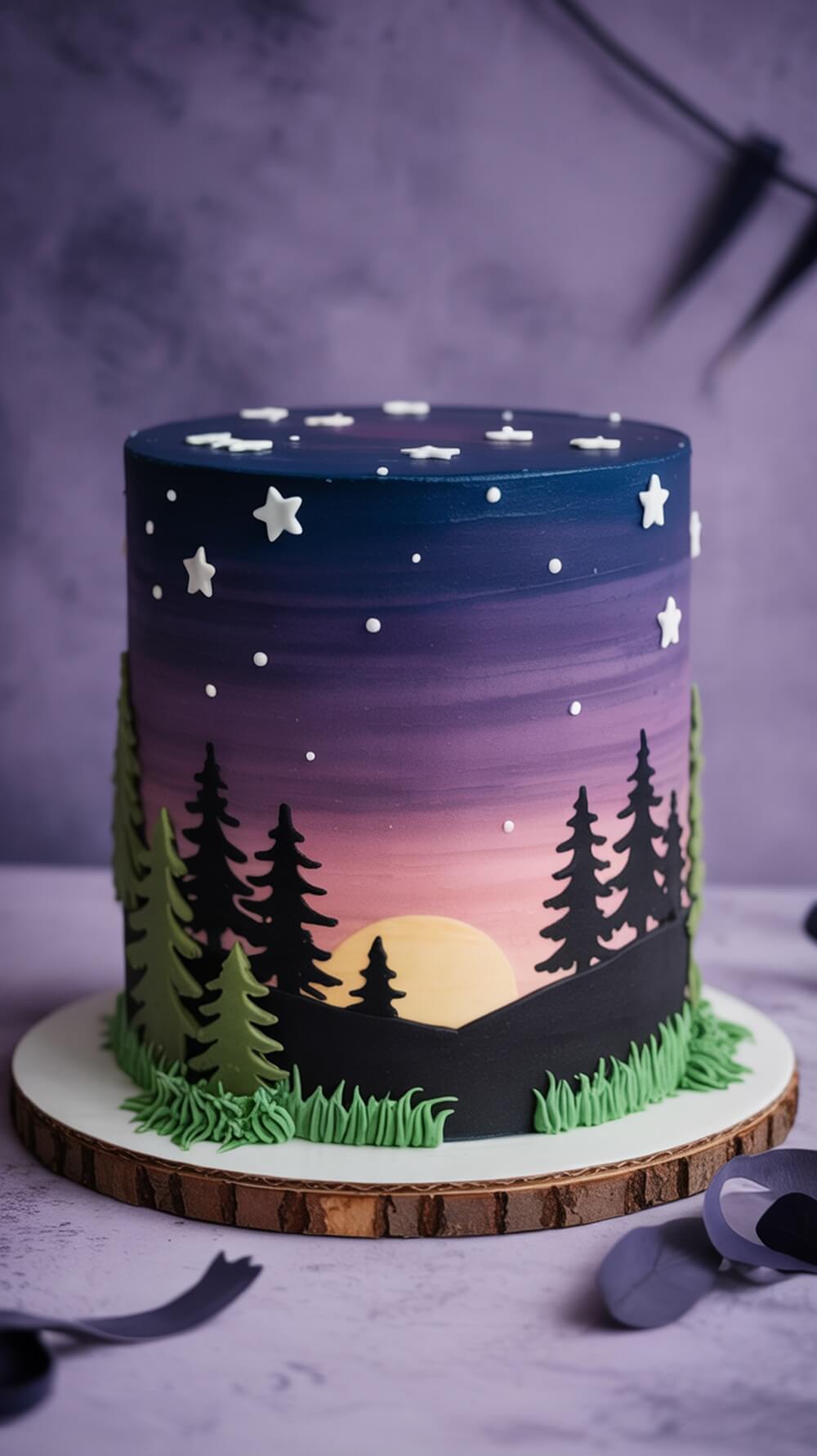 A beautifully decorated cake with a twilight forest scene, featuring purple and pink hues, dark trees, and white stars.