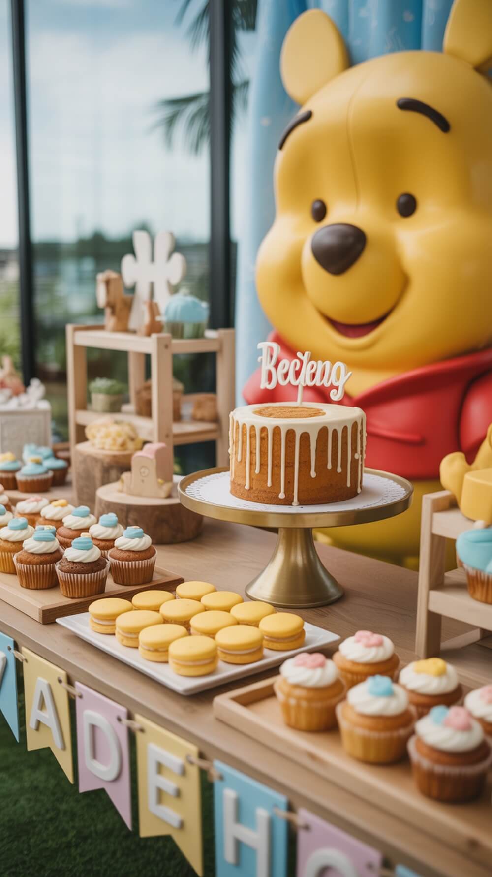A beautifully arranged Pooh themed dessert table featuring a cake, cupcakes, and macarons.