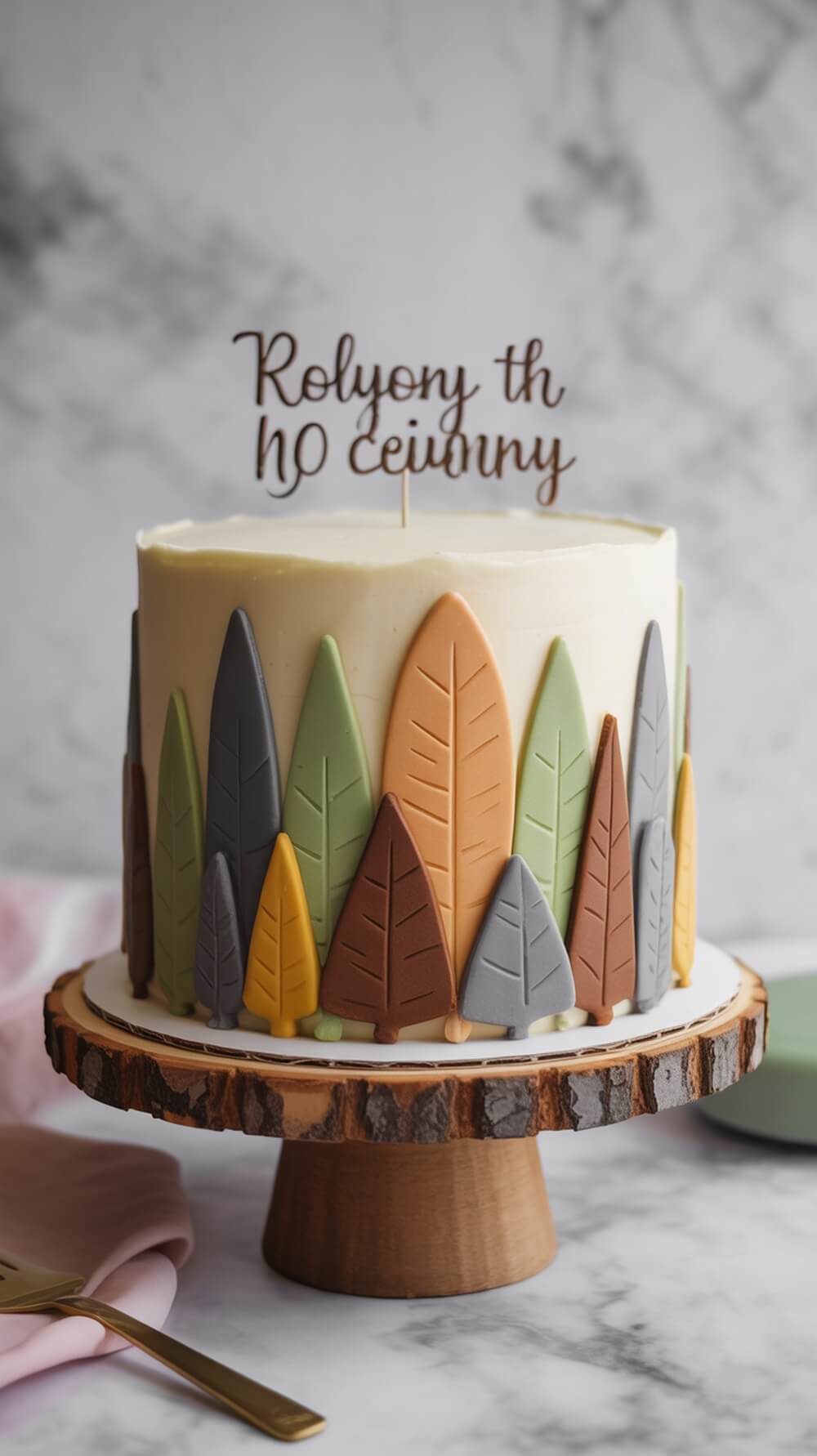 A woodland themed cake decorated with fondant leaves in earthy colors on a wooden cake stand.