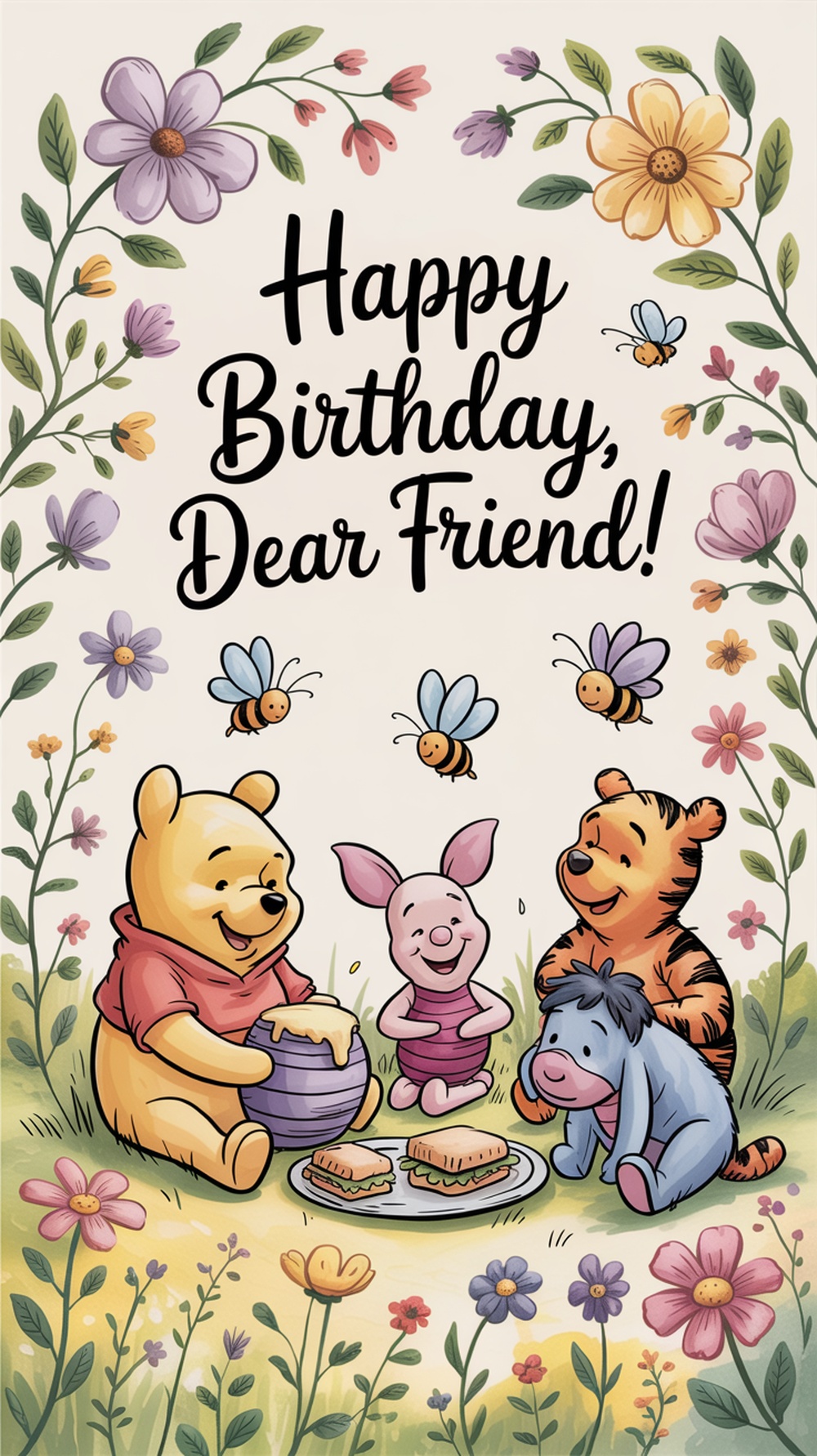 Winnie the Pooh and friends celebrating with flowers and bees