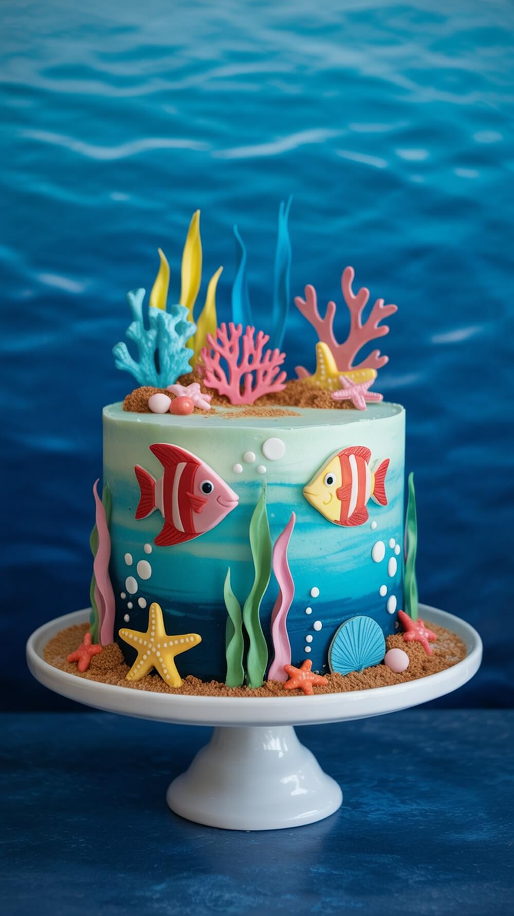 A colorful under the sea themed baby shower cake decorated with fish, coral, and starfish.
