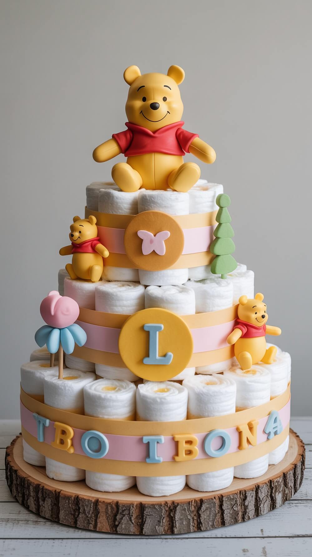 A three-tiered diaper cake featuring Winnie the Pooh and colorful decorations.