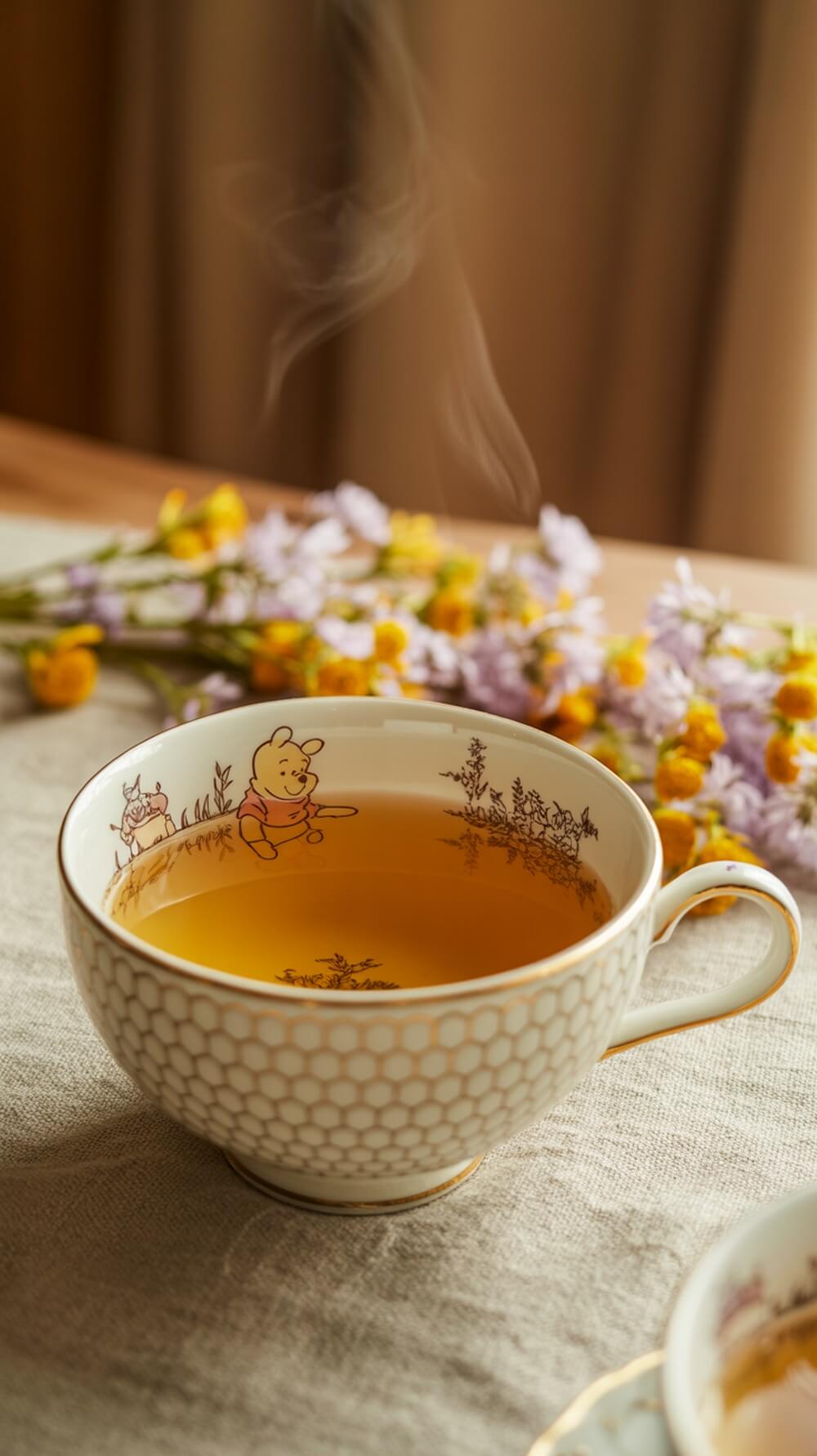 Honeycomb patterned tableware featuring Winnie the Pooh, with a cup of tea and flowers in the background.