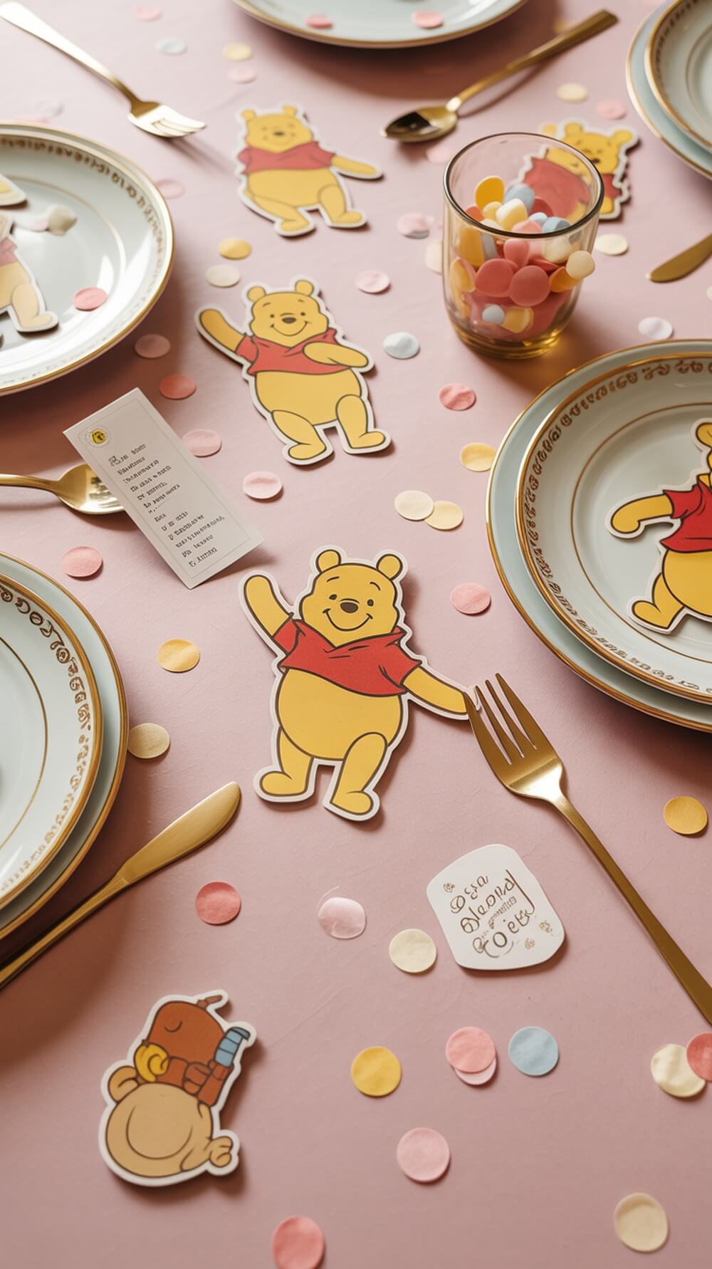 A pink table setting with Winnie the Pooh cutouts and colorful confetti.