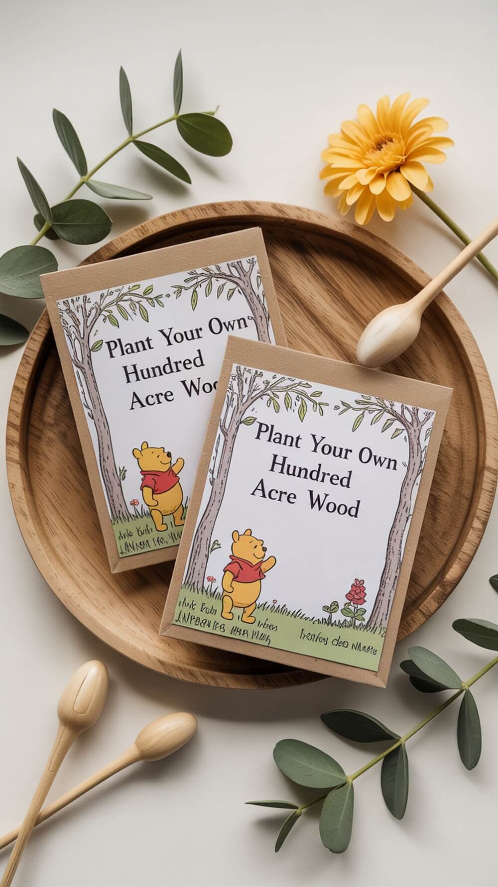 Wildflower seed packets featuring Winnie the Pooh illustrations on a wooden plate with a yellow flower and green leaves.