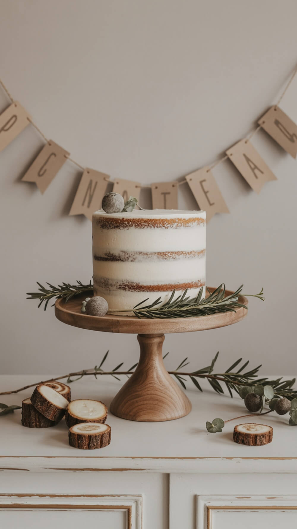 Woodland themed cake on a wooden stand with decorative elements