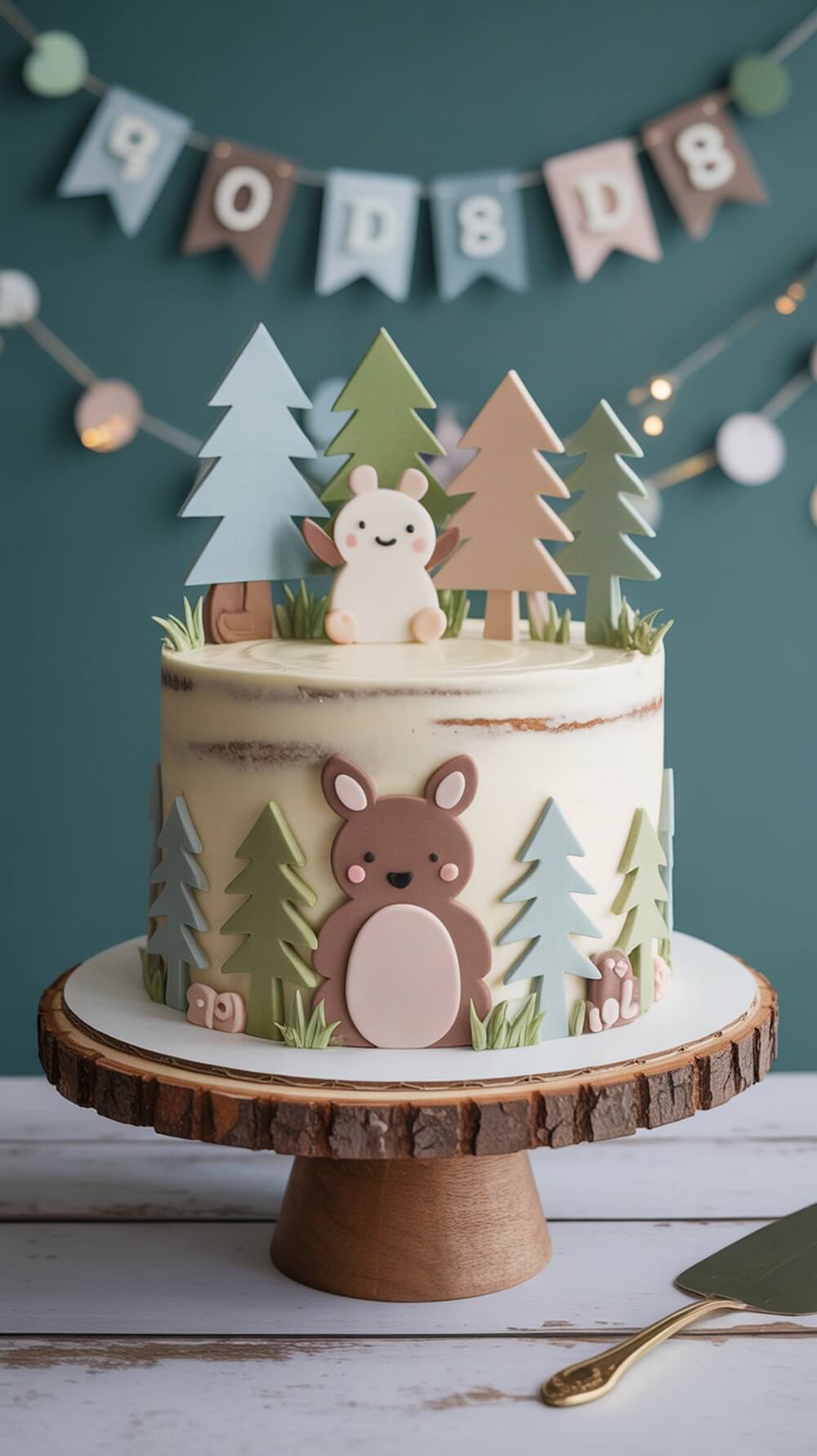 A woodland themed baby shower cake featuring cute animal decorations and trees.
