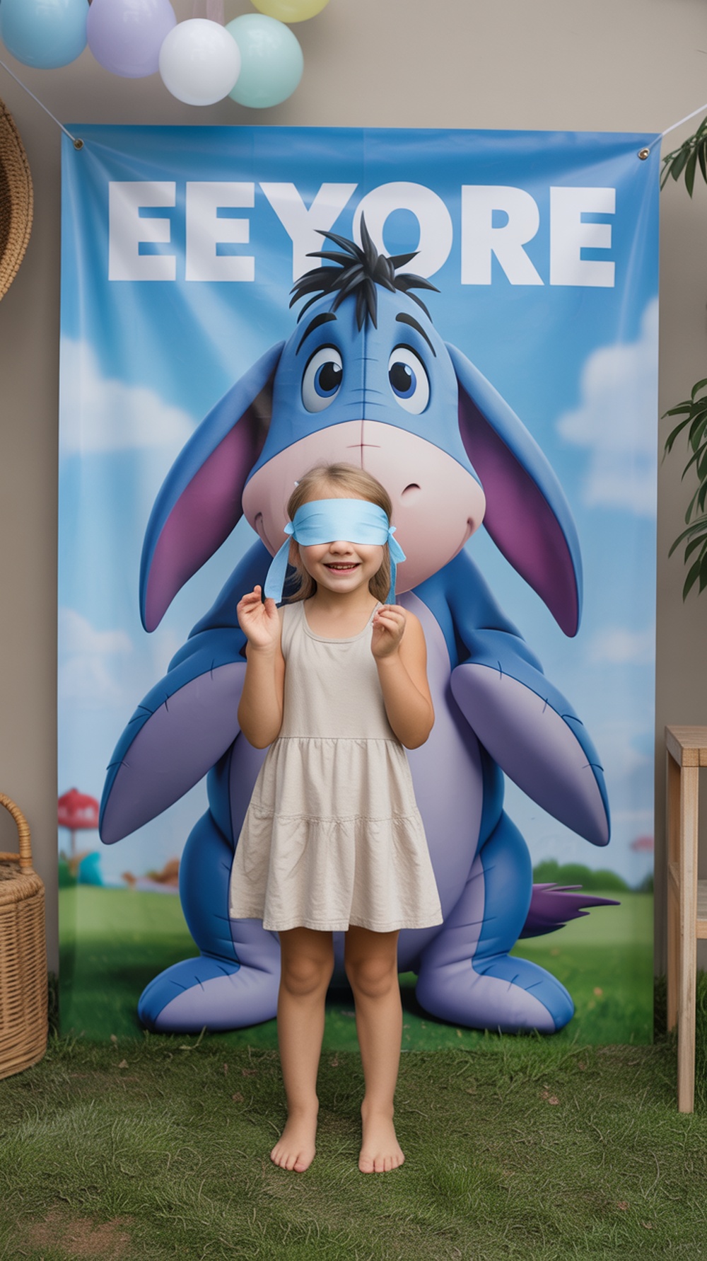 A child playing Pin The Tail On Eeyore at a Winnie the Pooh themed baby shower.