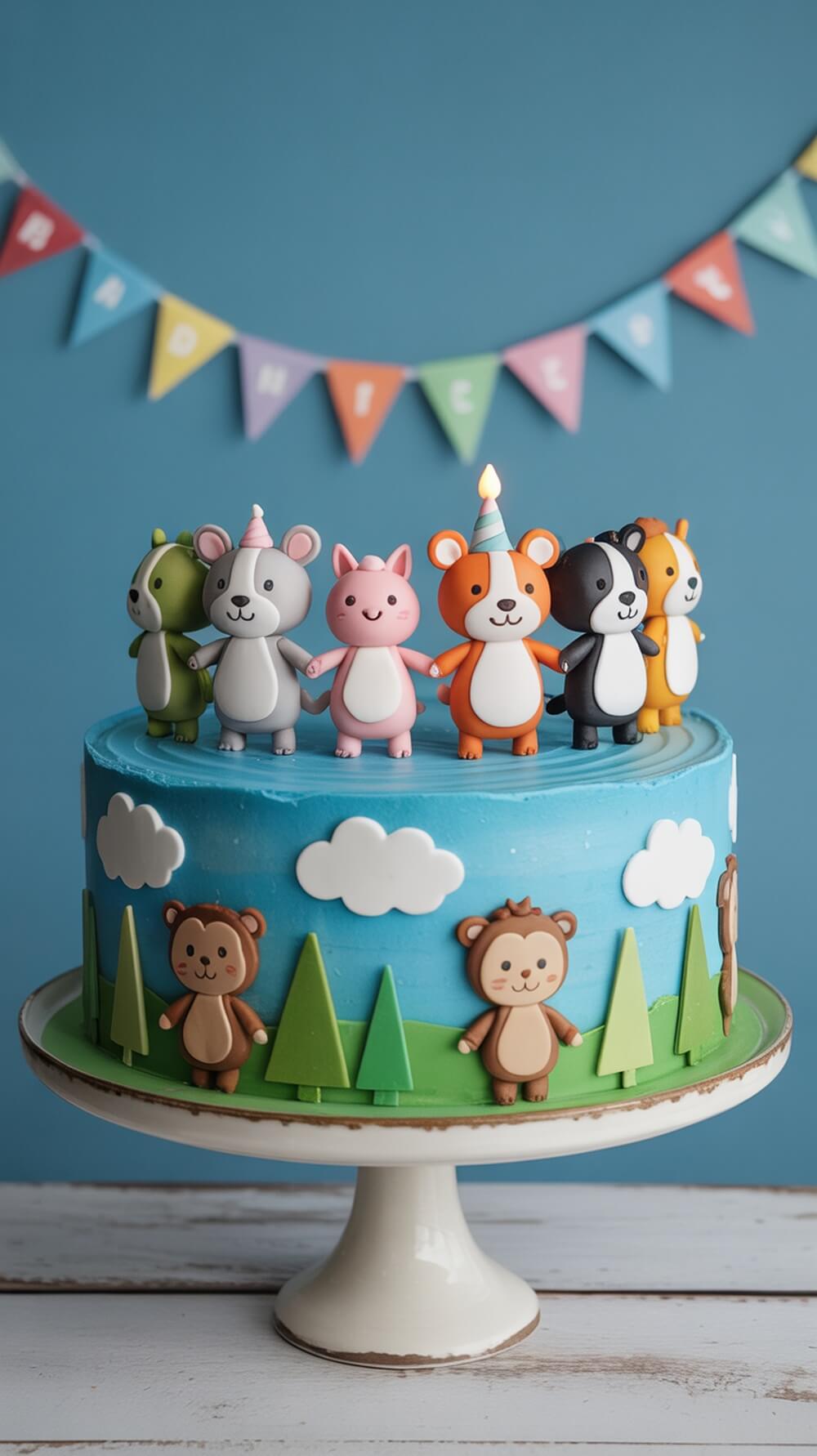 A colorful baby shower cake featuring cute animal figurines on top, surrounded by trees and clouds.