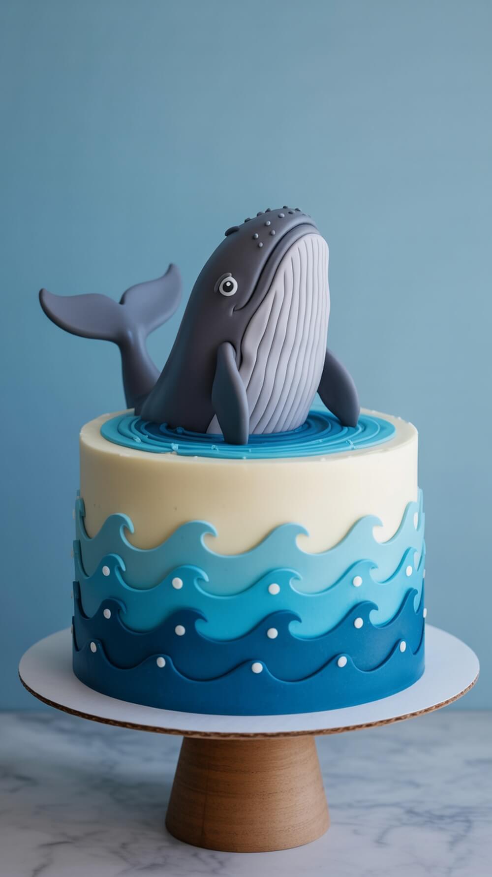 A beautifully designed baby whale cake with blue waves and a cute whale on top.