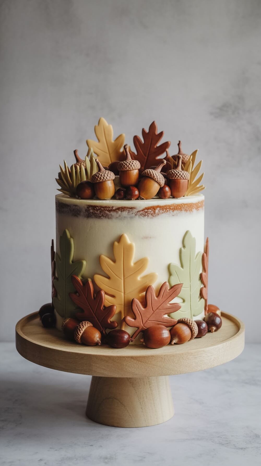 A beautifully decorated cake with acorns and leaves, perfect for a woodland themed baby shower.