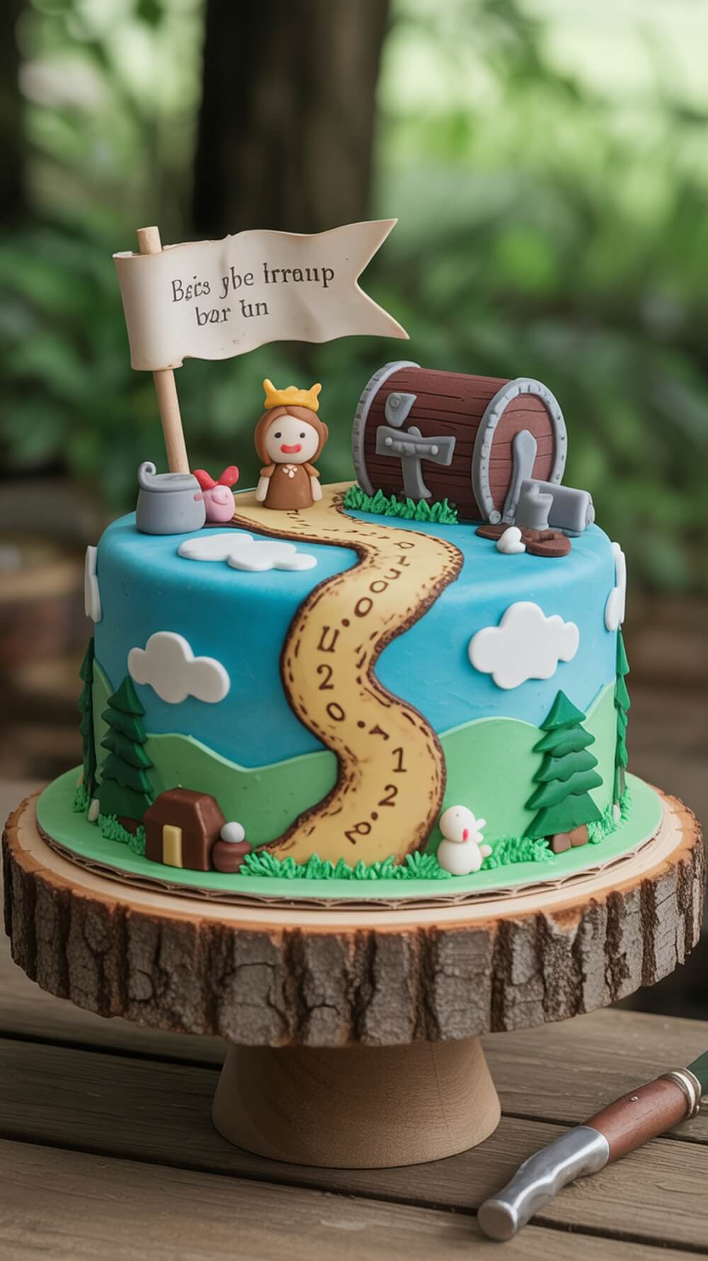 A whimsical woodland-themed cake with a map design, featuring trees, a character, and a treasure chest.
