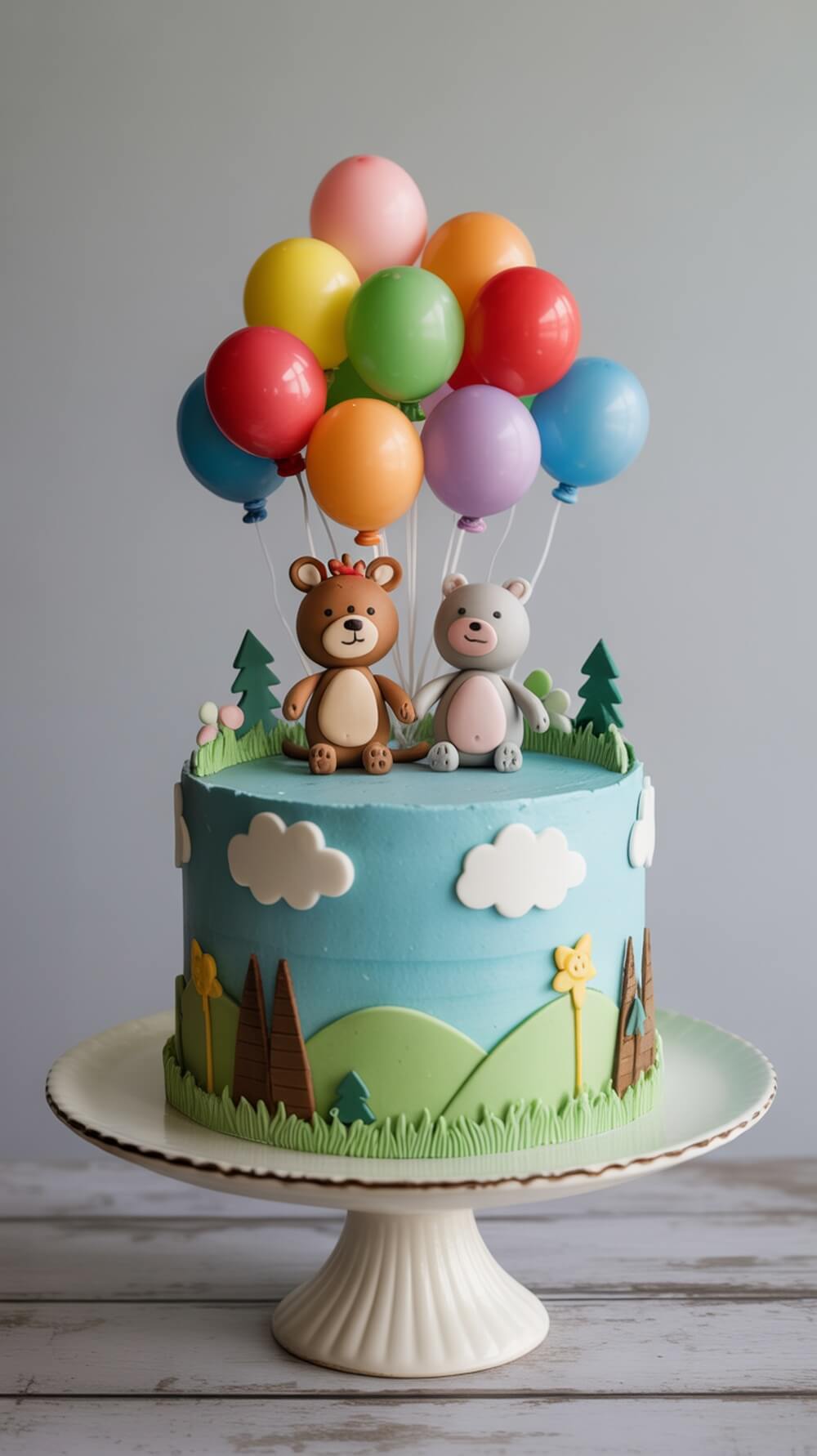 A colorful baby shower cake featuring two bear figurines and balloons on top, with a blue frosting and a landscape design.