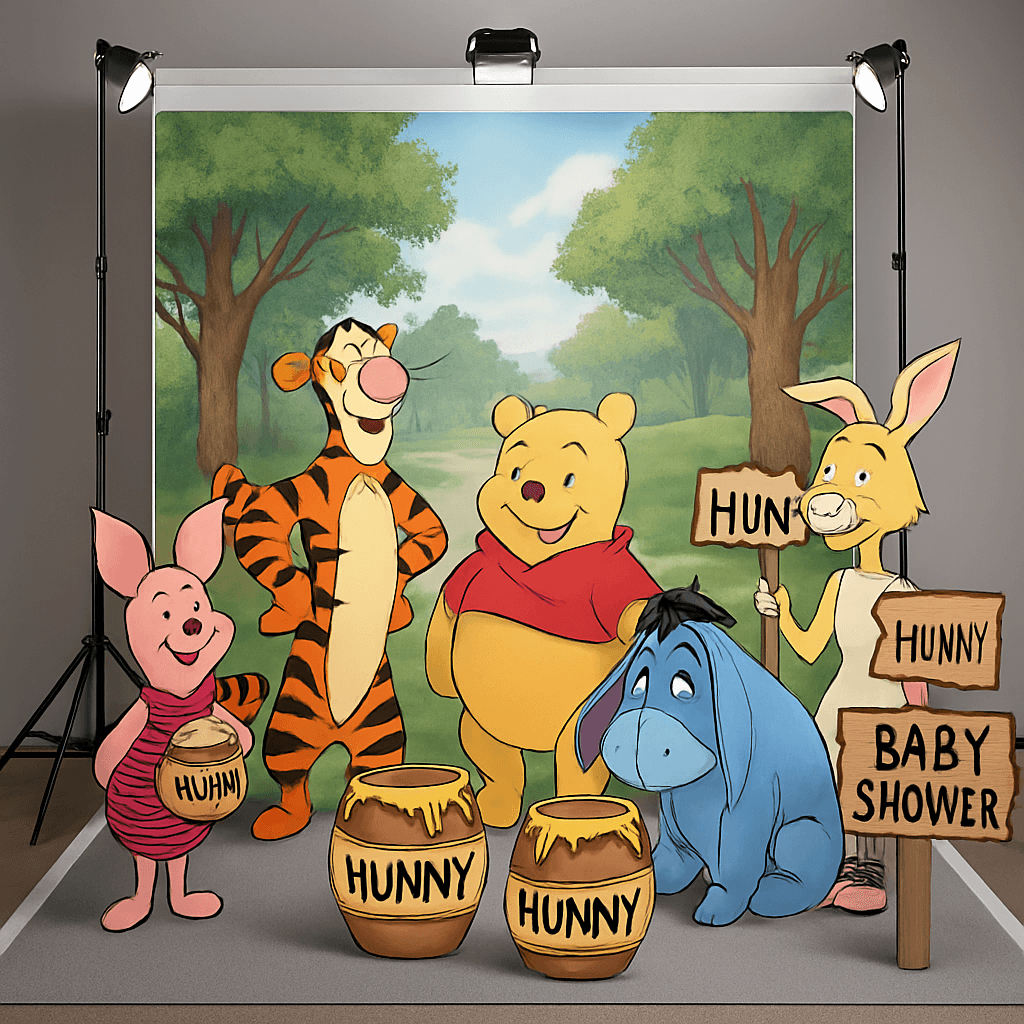 A child standing in front of a Winnie The Pooh themed photo booth with a sign that reads 'Baby Showe:' and decorative elements.