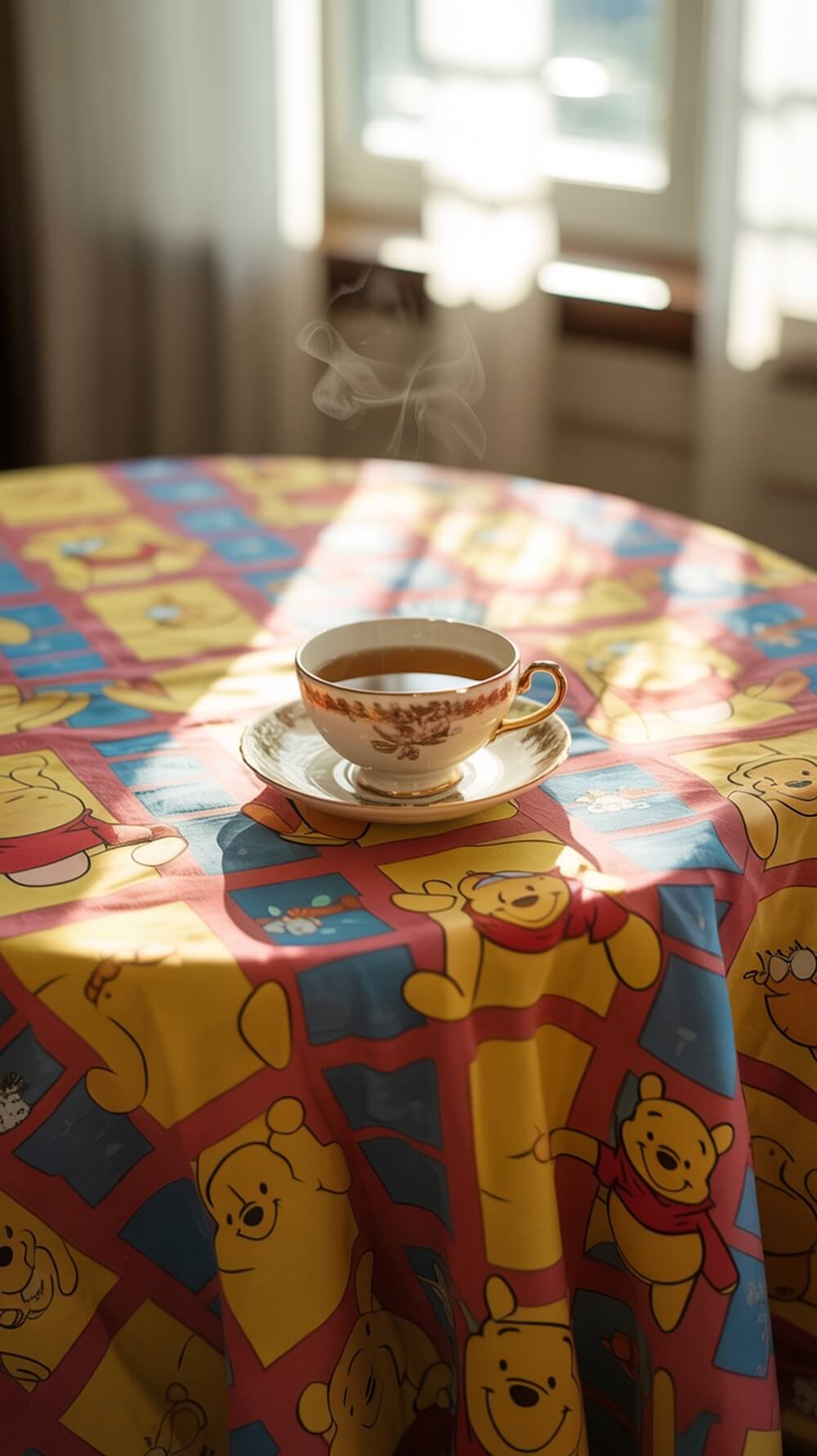A colorful Winnie the Pooh themed tablecloth with a steaming cup of tea on it.