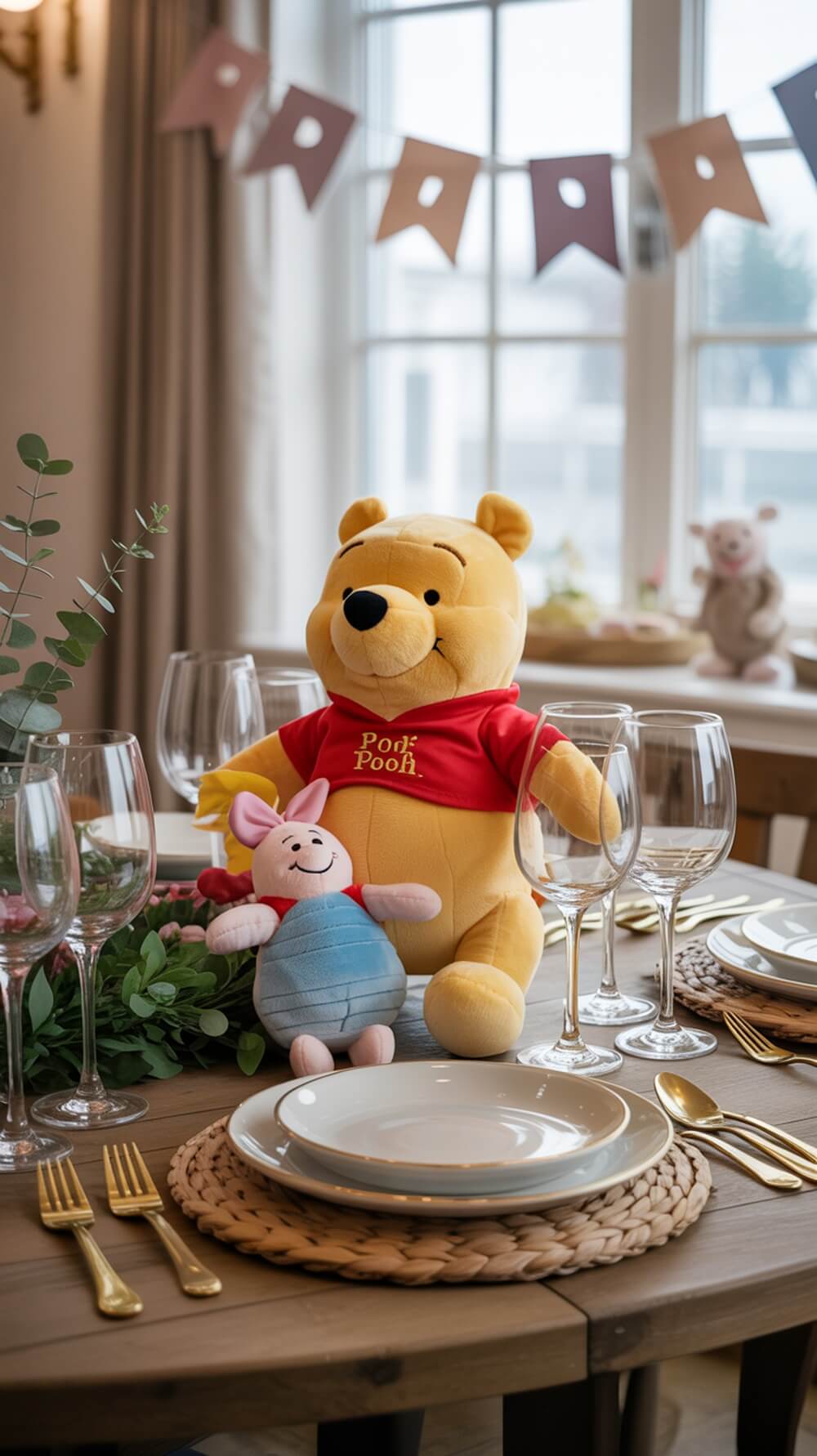 A beautifully set table for a Winnie the Pooh baby shower featuring plush toys of Pooh and Piglet, elegant glassware, and pastel-colored plates.